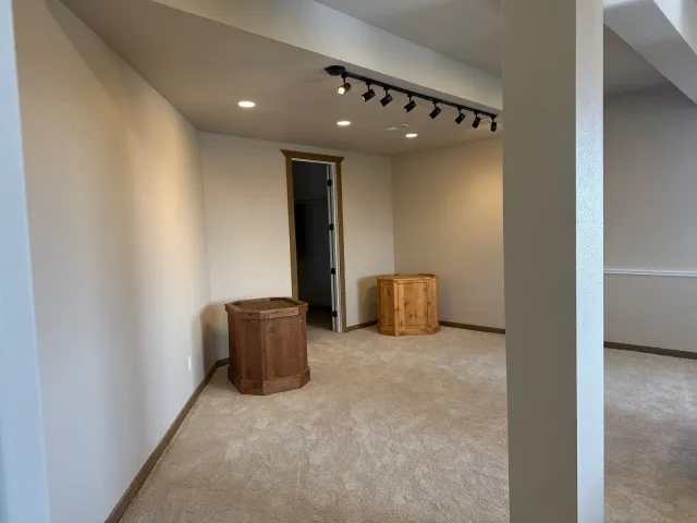 Finished basement with carpet, track lighting, and recessed lights