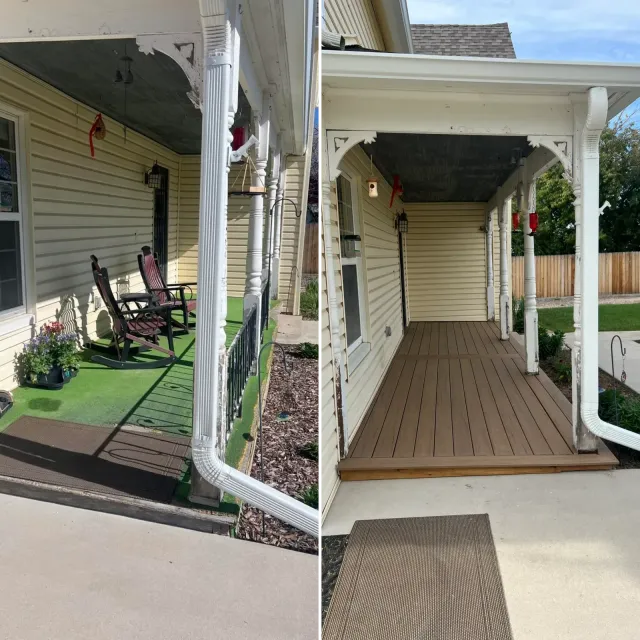 Covered front porch and walkway with white posts and a wood floor