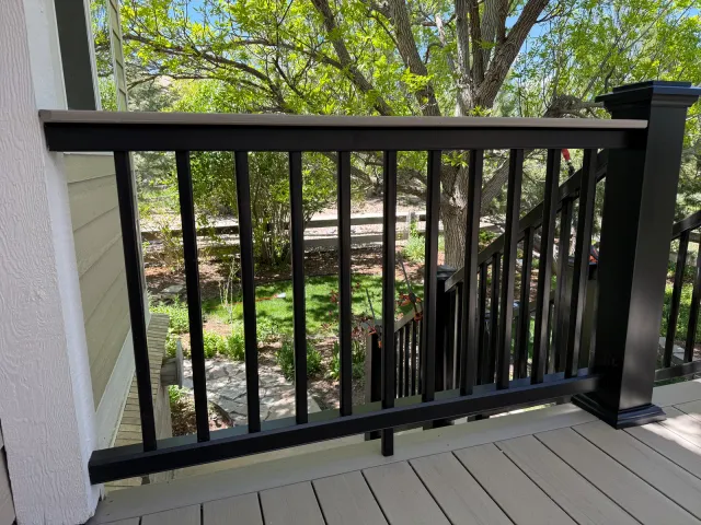 Black metal deck railing with a garden view